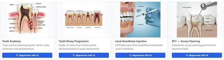 Dental anatomy library cards: tooth anatomy, tooth decay progression, local anaesthesia injection and RCT access opening, each with a Regenerate with AI button.