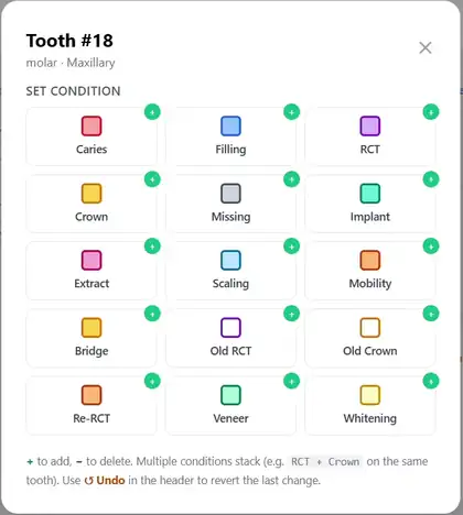 Condition picker for tooth 18, a maxillary molar, listing 15 conditions such as caries, filling, RCT, crown, implant and extract.